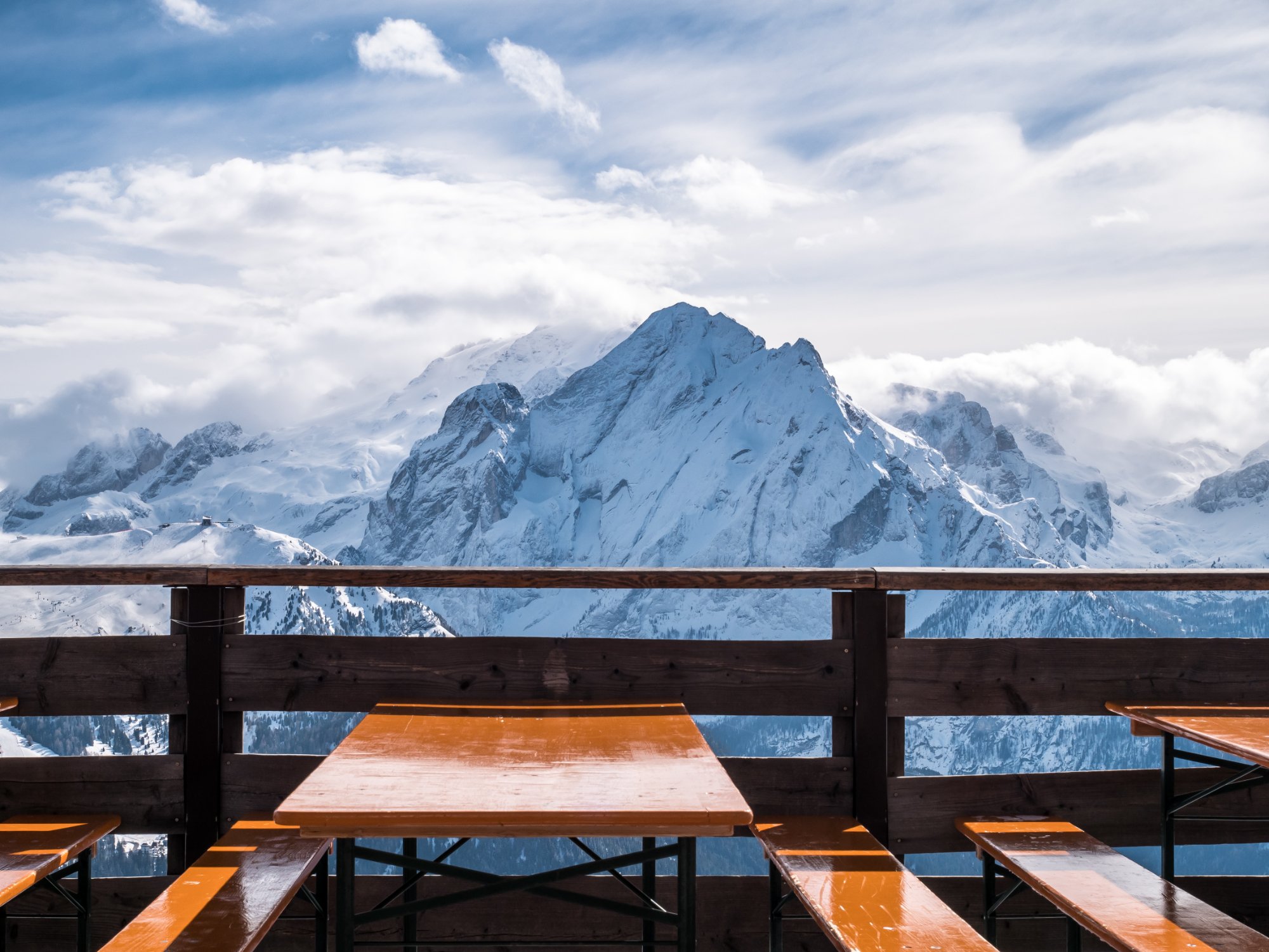 Mountain lodge dining deck with panoramic view