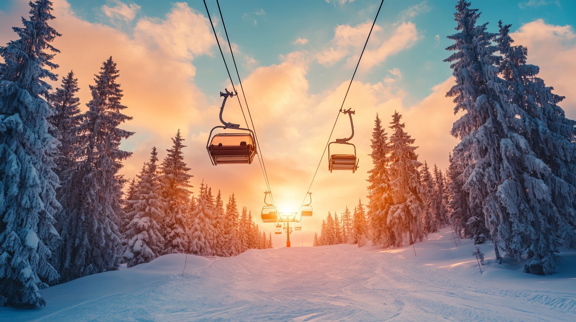 Chairlift at sunset through snow-covered trees